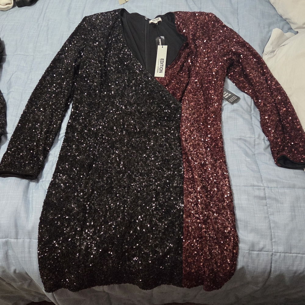 Express Black and Red Sequin Long Sleeve Dress